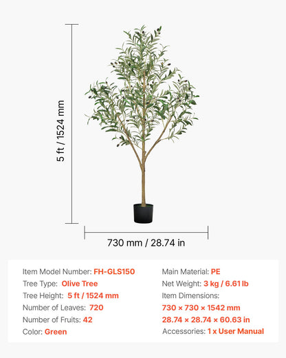150 cm konstgjort olivträd med svart kruka, högt konstgjort träd med naturlig trästam och realistiska gröna blad och frukter, konstgjord inomhusväxt för hem, kontor, vardagsrum, hörndekor