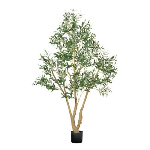180 cm konstgjort olivträd med svart kruka, högt konstgjort träd med naturlig trästam och realistiska gröna blad och frukter, konstgjord inomhusväxt för hem, kontor, vardagsrum, hörndekor