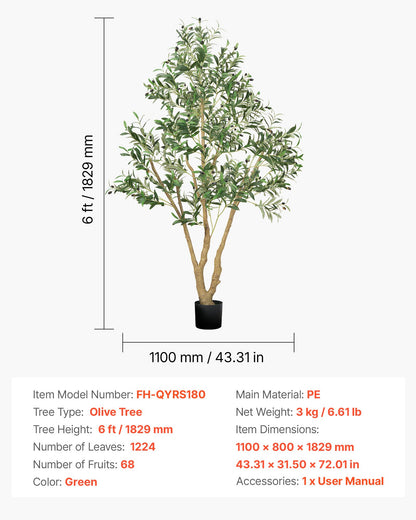 180 cm konstgjort olivträd med svart kruka, högt konstgjort träd med naturlig trästam och realistiska gröna blad och frukter, konstgjord inomhusväxt för hem, kontor, vardagsrum, hörndekor
