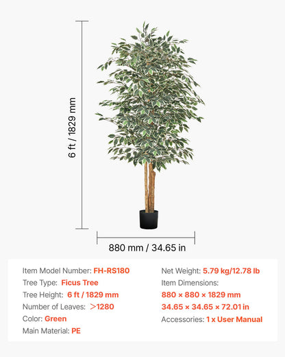 180 cm konstgjord fikusträd med svart kruka, hög konstgjord fikusväxt med naturlig trästam och realistiska gröna blad, konstgjord sidenträd för inomhusbruk för hem, kontor, vardagsrum eller hörninredning