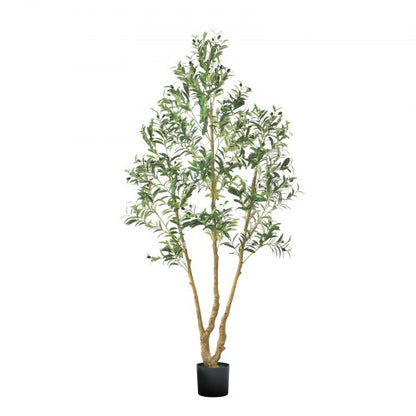 210 cm konstgjort olivträd med svart kruka, högt konstgjort träd med naturlig trästam och realistiska gröna blad och frukter, konstgjord inomhusväxt för hem, kontor, vardagsrum, hörndekor