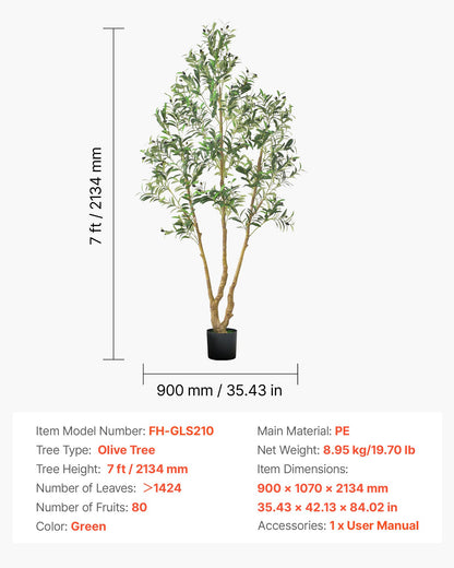 210 cm konstgjort olivträd med svart kruka, högt konstgjort träd med naturlig trästam och realistiska gröna blad och frukter, konstgjord inomhusväxt för hem, kontor, vardagsrum, hörndekor
