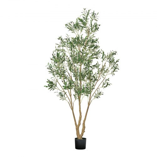 240 cm konstgjort olivträd med svart kruka, högt konstgjort träd med naturlig trästam och realistiska gröna blad och frukter, konstgjord inomhusväxt för hem, kontor, vardagsrum, hörndekor