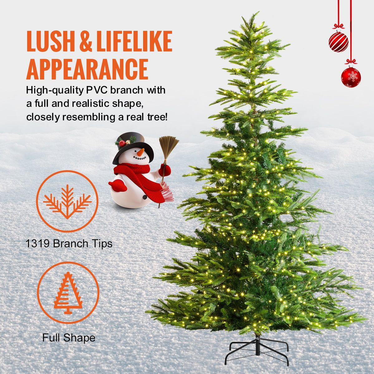 Christmas Tree, 7.5ft Prelit Artificial Xmas Tree, Full Holiday Decor Tree with 700 Warm White LED Lights, 1319 Branch Tips, Metal Base for Home Party Office Decoration