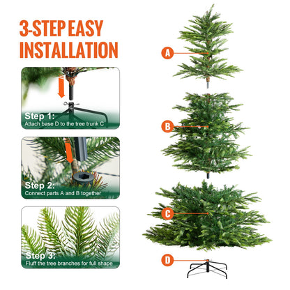 Christmas Tree, 7.5ft Prelit Artificial Xmas Tree, Full Holiday Decor Tree with 700 Warm White LED Lights, 1319 Branch Tips, Metal Base for Home Party Office Decoration