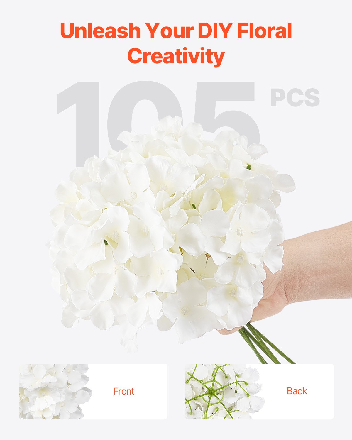 Konstgjorda blommor, 105 st. äkta vita sidenhortensia i bulk, vit konstgjord bruddusch med stjälkar för gör-det-själv-bröllopsbuketter, bordsdekorationer för hemmet, festbordsdekorationer