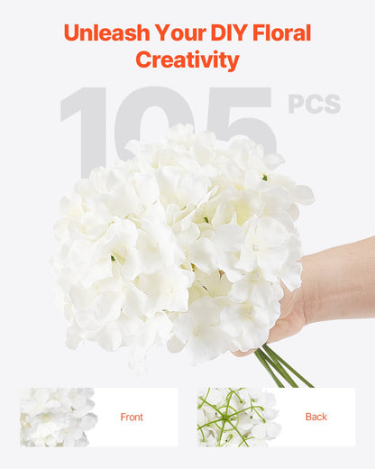 Konstgjorda blommor, 105 st. äkta vita sidenhortensia i bulk, vit konstgjord bruddusch med stjälkar för gör-det-själv-bröllopsbuketter, bordsdekorationer för hemmet, festbordsdekorationer