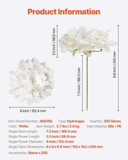 Konstgjorda blommor, 205 st. äkta vita sidenhortensia i bulk, vit konstgjord bruddusch med stjälkar för gör-det-själv-bröllopsbuketter, bordsdekorationer för hemmet, festbordsdekorationer