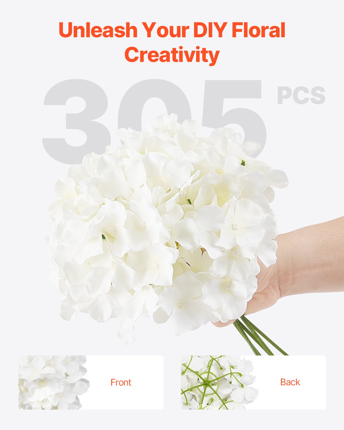 Konstgjorda blommor, 305 st. äkta vita sidenhortensia i bulk, vit konstgjord bruddusch med stjälkar för gör-det-själv-bröllopsbuketter, bordsdekorationer för hemmet, festbordsdekorationer