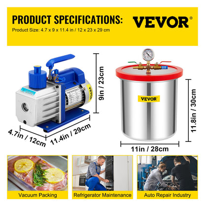 Vakuumkammare med pump Vakuumkammarsats 5 gal/18,9 l 5 cfm 1/3 hk enstegs