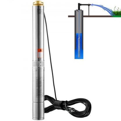 Dränkbar djupbrunnspump, 750W 230V 60Hz, 7,1 m³/h maxflöde 75 m maxtryck, med 9,1 m elsladd, vattenpump i rostfritt stål för industriellt bruk, bevattning och hemmabruk, IP68 vattentät klass
