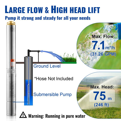 Dränkbar djupbrunnspump, 750W 230V 60Hz, 7,1 m³/h maxflöde 75 m maxtryck, med 9,1 m elsladd, vattenpump i rostfritt stål för industriellt bruk, bevattning och hemmabruk, IP68 vattentät klass