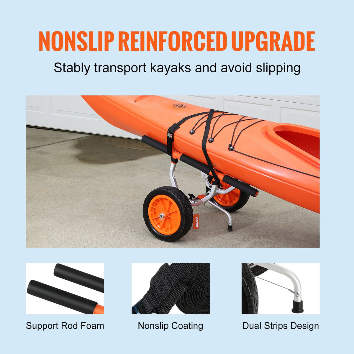 Heavy Duty Kayak Cart, 204.1 kg Load Capacity, Detachable Canoe Trolley Cart with 30.5 cm Solid Tires, Adjustable Width & Nonslip Support Foot, for Kayaks Canoes Paddleboards Float Mats Jon Boats