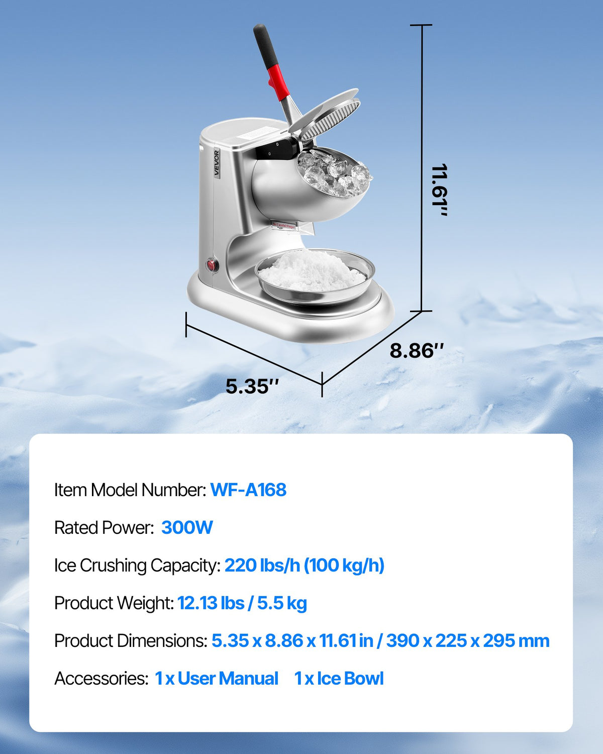 Iskrossmaskin, 100 kg per timme elektrisk snökonstillverkare med 4 blad, ismaskin i rostfritt stål med skål och lock, 300 W 2000 RPM israktor för hemmabruk och kommersiellt bruk, silver