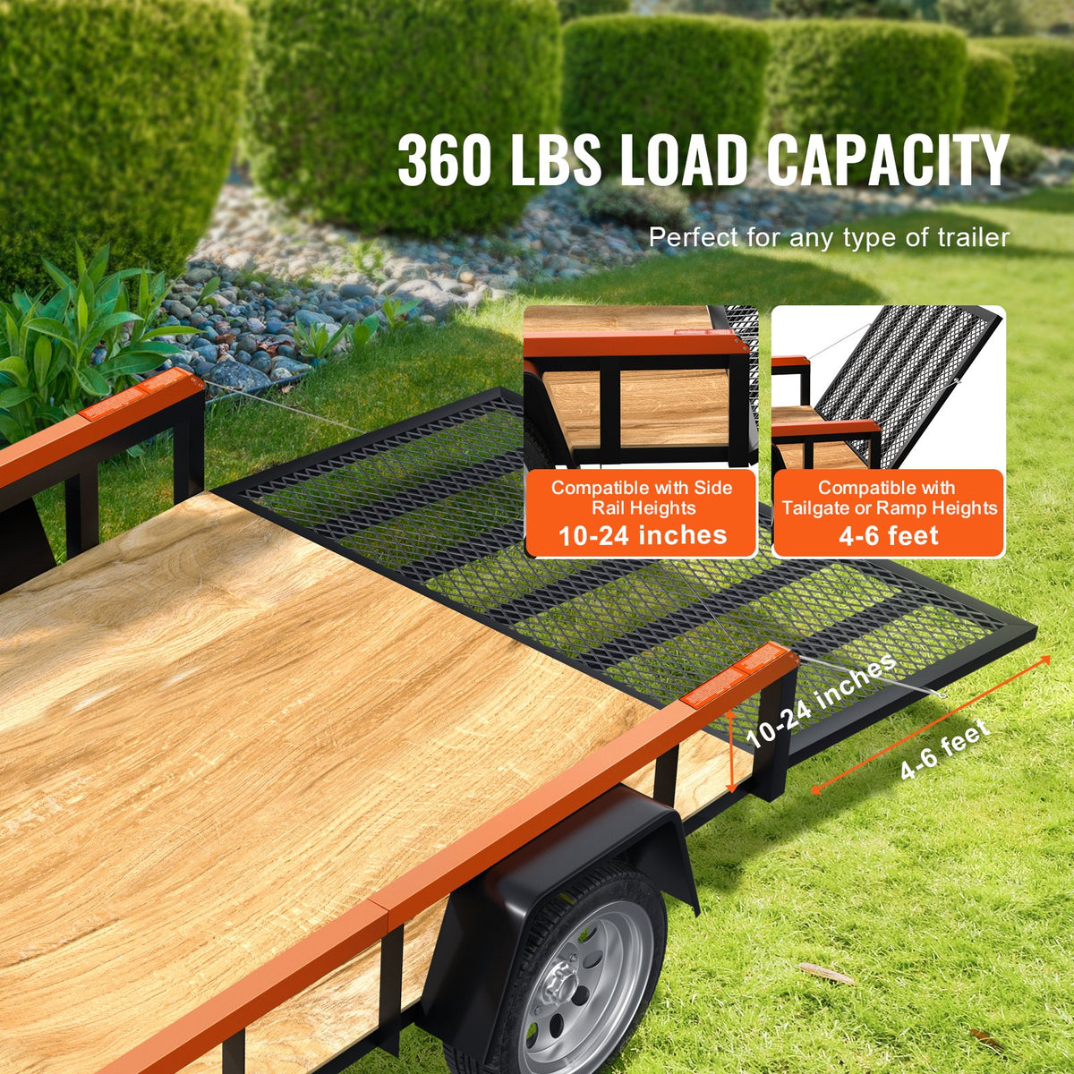 Dubbelsidig lyfthjälp för släpvagnsbaklucka, lastkapacitet 160 kg, kompatibel med öppen släpvagnsbaklucka och ramp, med sidoräcke på 25 till 60 cm och baklucka eller ramp på 1,2 till 1,8 meter