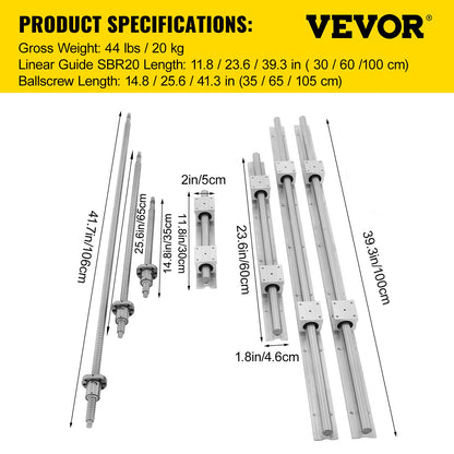 SBR20 Linear Rail Set+3 Ballscrew RM1605-350/650/1050mm CNC Set Support Liner Rail+BK/BF12 with BK/BF 12 CNC Kit