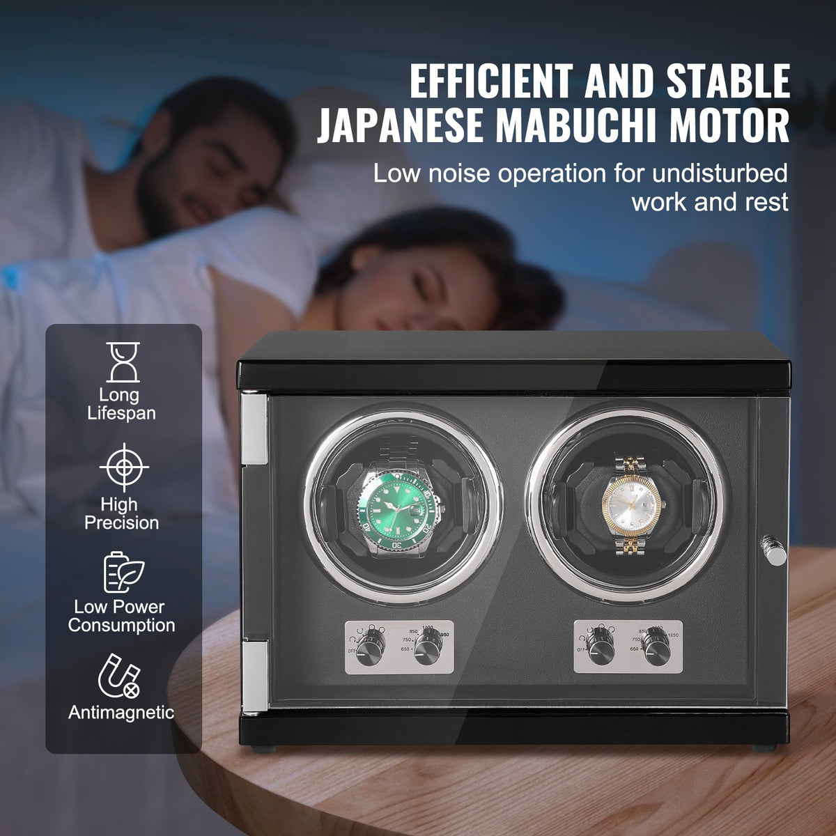 Klockuppdragare, dubbel klockuppdragare för automatiska klockor för både män och kvinnor, med två supertysta japanska Mabuchi-motorer, blått LED-ljus och adapter, högdensitetskortsskal och svart PU