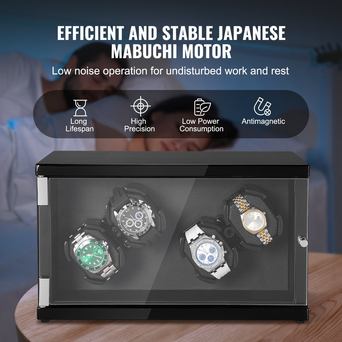 Klockuppdragare, klockuppdragare för 4 automatiska herr- och damklockor, med 2 supertysta japanska Mabuchi-motorer, blå LED-lampa och adapter, högdensitetskortsskal och svart PU