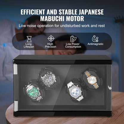 Klockuppdragare, klockuppdragare för 4 automatiska herr- och damklockor, med 2 supertysta japanska Mabuchi-motorer, blå LED-lampa och adapter, högdensitetskortsskal och svart PU