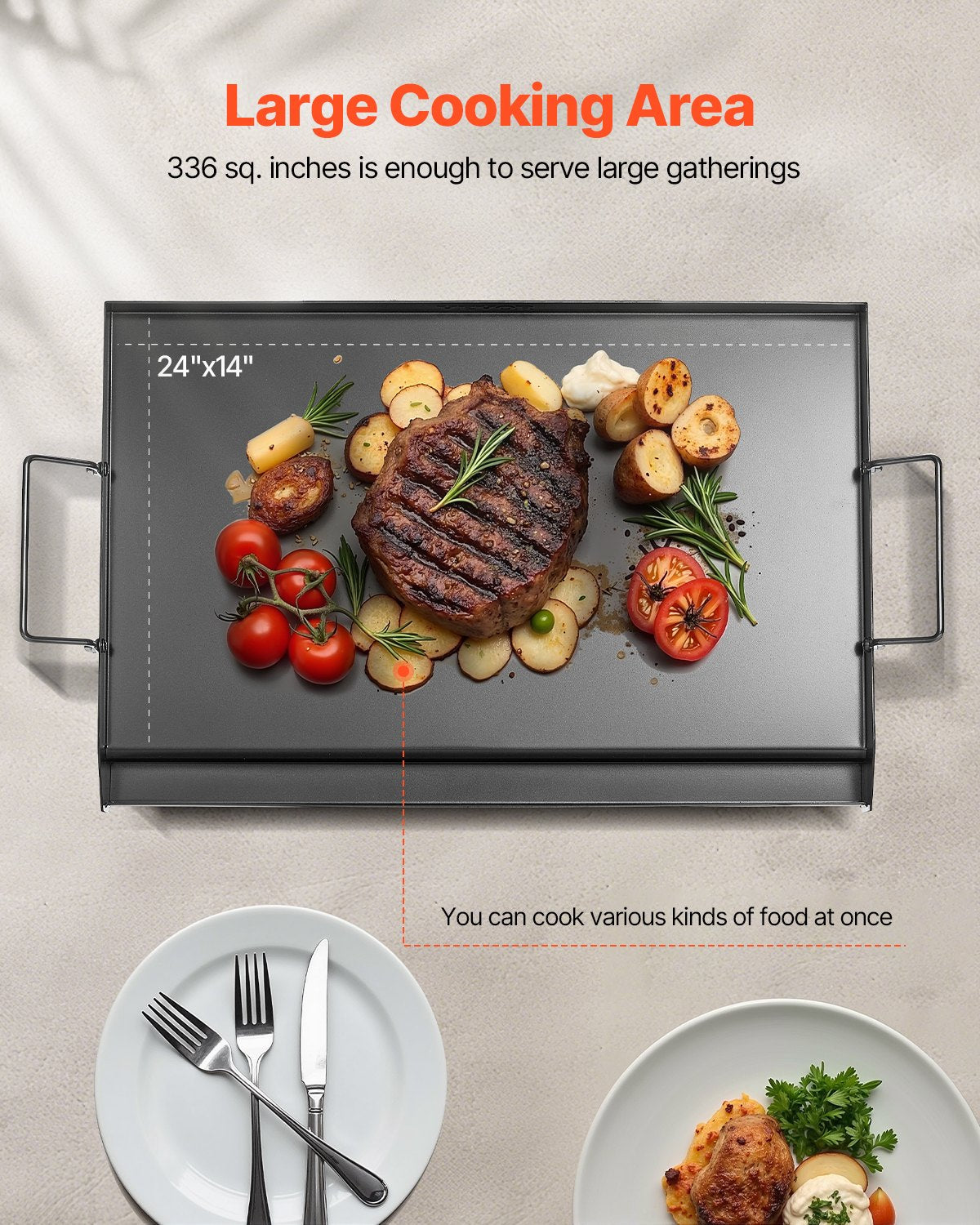 Stekplåt i kolstål, 24x16 tum universal platt rektangulär platta, gasgrillstekplåt för BBQ-grill, teppanyaki, bärbart familjeköksredskap med handtag, för camping, tailgating-fest
