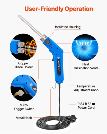 Skumskärare med het kniv, 200W elektriskt skumskärverktyg, 50℃ - 500℃ justerbar frigolitskärare med 150 mm och 200 mm skärblad för KT-skivor, polyeten, svamp, gummi - Verktygslåda ingår