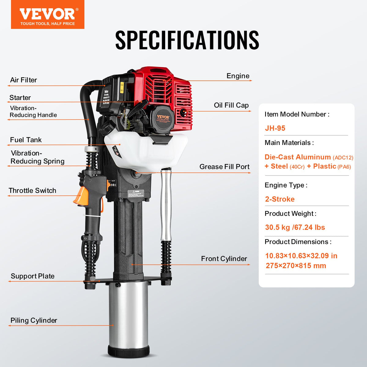 52cc Gas-Powered T Post Driver, 2-Stroke Engine Gasoline Fence Piling Pounder, 1400W Portable Piledriver with 3 Post Driving Head(49/69/100 mm) , For Farm, Ranch Fencing, Road Improvements