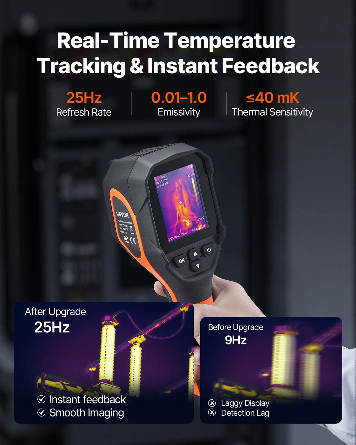 Värmekamera, 320 x 240 TISR superupplösning, värmekamera med 2MP visuell kamera, 256 x 192 IR-upplösning, 25 HZ uppdateringsfrekvens, -4°F till 1022°F, 4 bildlägen och 6 färgpaletter