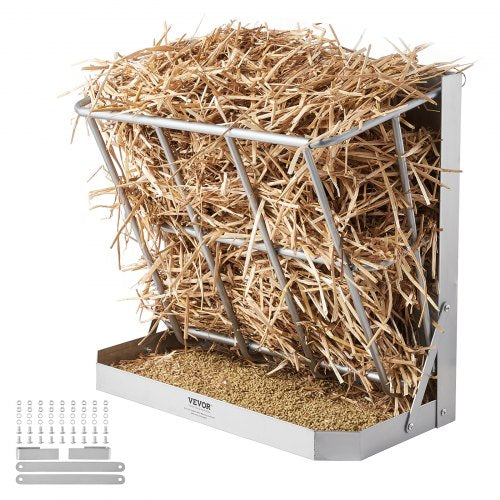 Goat Hay Feeder, 21 Gallons Large Capacity, 2 in 1 Hay and Grain Feeder, Wall Mounted Livestock Feeder with Feed Tray, Multiple Sided Goat Hay Rack, Sturdy Steel Hay Rack for Sheep Horses