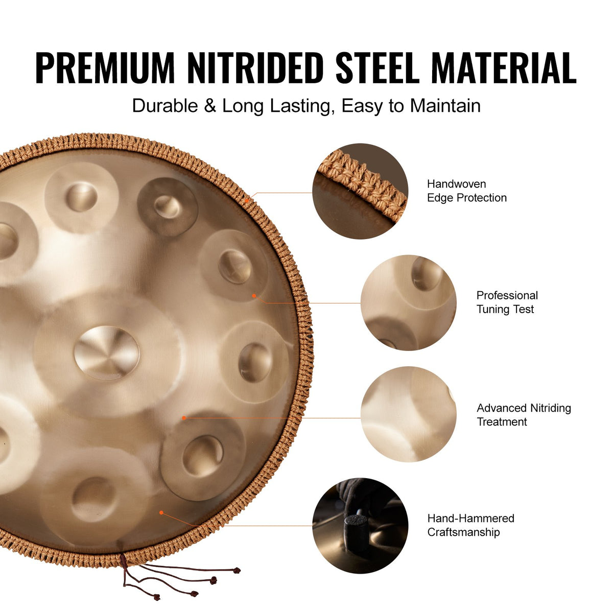 Handpan Drum 55.9 cm 10 Notes D Minor Hand Drum Instrument with Mallet