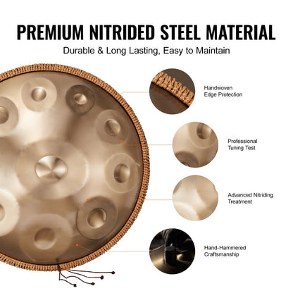 Handpan Drum 55.9 cm 10 Notes D Minor Hand Drum Instrument with Mallet