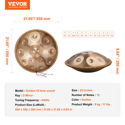 Handpan Drum 55.9 cm 12 Notes D Minor Hand Drum Instrument with Mallet