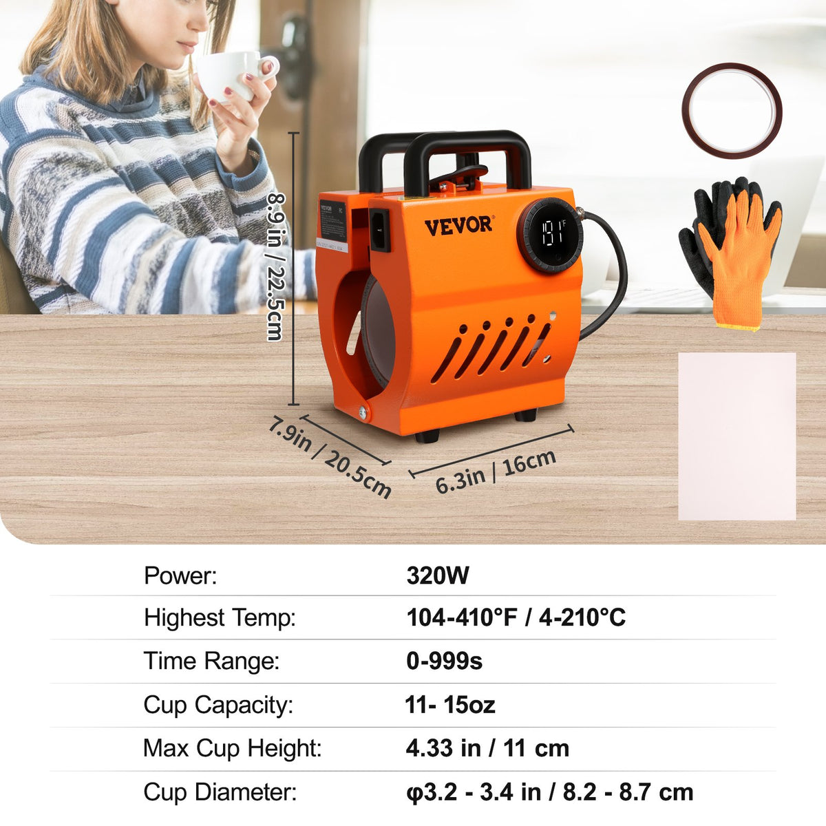 Muggvärmepress, mini-muggpress, gör-det-själv-sublimeringsämnen 311,8 g-425,2 g kaffemuggar, handhållen lättviktspress som julklapp, enkel press med tejp och handskar, tillbehör