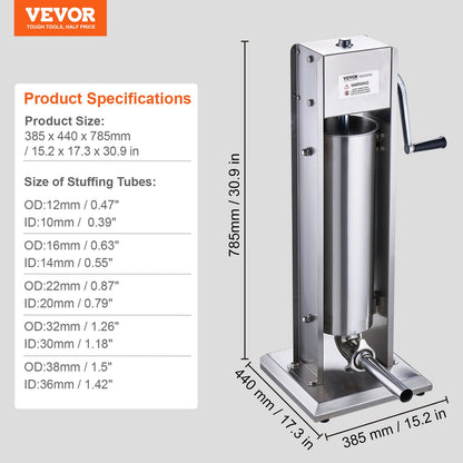 Manual Sausage Stuffer, 7 L / 15 LBS Vertical Sausage Machine, Dual-Speed Meat Stuffer, Made of Food-Grade 304 Stainless Steel, Includes 5 Stuffing Tubes, for Home Kitchen Restaurant Commercial