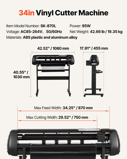 Vinylskärmaskin, 870 mm max matningsbredd, dubbla blad, justerbar kraft och hastighet, LED-display, vinylplotterskärare, skrivarpaket med klistermärkesark, transferfilm, Signmaster-programvara