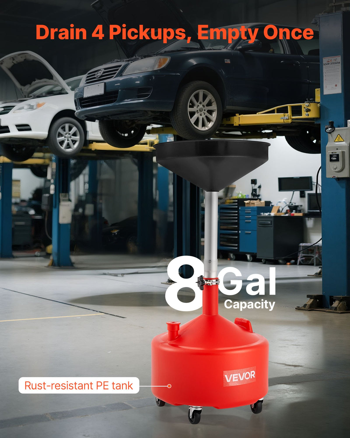 30L Waste Oil Drain Tank, Industrial Fluid Drain Tank with Adjustable Funnel Height, Portable Oil Drainer with Wheels, Fluid Fuel Transfer Drainage for Auto Repair Shops, Garages, Red
