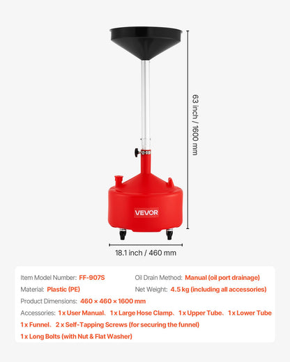 30L Waste Oil Drain Tank, Industrial Fluid Drain Tank with Adjustable Funnel Height, Portable Oil Drainer with Wheels, Fluid Fuel Transfer Drainage for Auto Repair Shops, Garages, Red