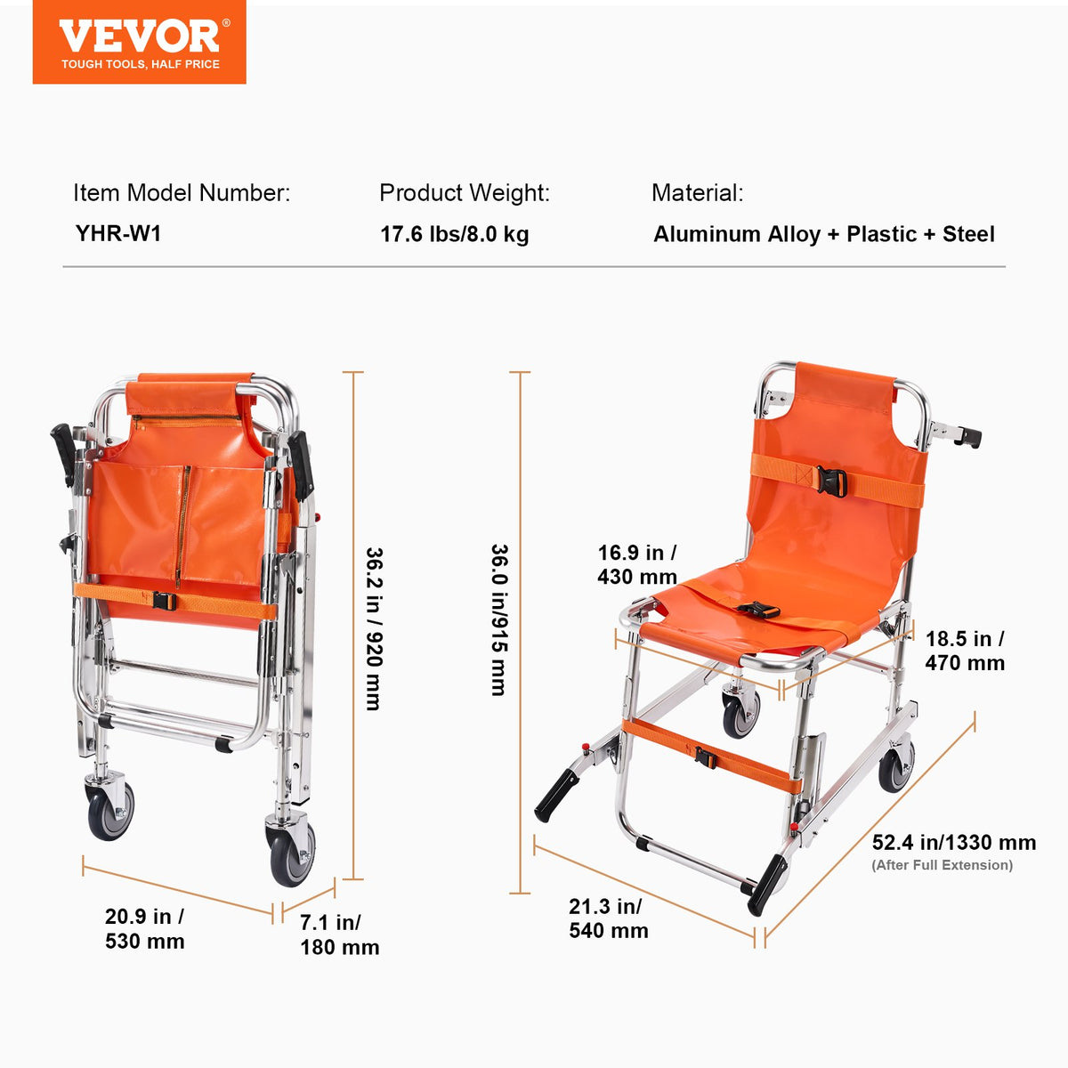 EMS-trappstol, 159 kg lastkapacitet, hopfällbar aluminiumrullstol för akuttrappklättring med 2 hjul, bärbar trapphissstol för ambulans, brandman, evakuering för äldre och funktionshindrade