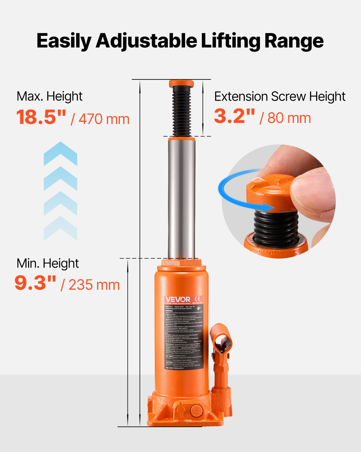 Hydraulic Bottle Jack, 10 Ton Load Capacity, 235-470 mm Lifting Range, Heavy Duty Hydraulic Welded Bottle Jack for Car, SUV, Pickup, Auto Repair, House Lift and Agricultural Equipment, Orange