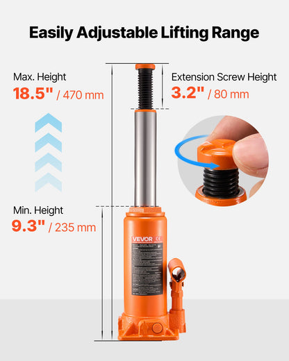 Hydraulic Bottle Jack, 10 Ton Load Capacity, 235-470 mm Lifting Range, Heavy Duty Hydraulic Welded Bottle Jack for Car, SUV, Pickup, Auto Repair, House Lift and Agricultural Equipment, Orange