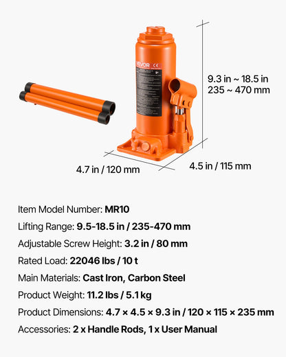 Hydraulic Bottle Jack, 10 Ton Load Capacity, 235-470 mm Lifting Range, Heavy Duty Hydraulic Welded Bottle Jack for Car, SUV, Pickup, Auto Repair, House Lift and Agricultural Equipment, Orange