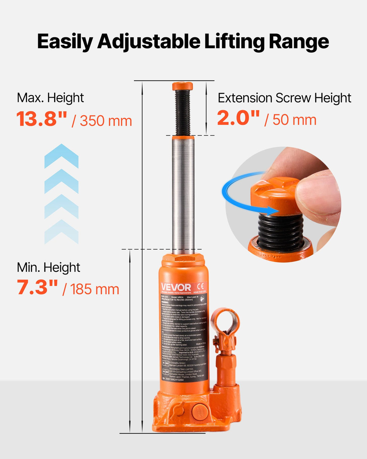 Hydraulic Bottle Jack, 4 Ton Load Capacity, 185-350 mm Lifting Range, Heavy Duty Hydraulic Welded Bottle Jack for Car, SUV, Pickup, Auto Repair, House Lift and Agricultural Equipment, Orange