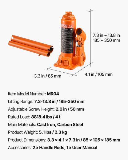 Hydraulic Bottle Jack, 4 Ton Load Capacity, 185-350 mm Lifting Range, Heavy Duty Hydraulic Welded Bottle Jack for Car, SUV, Pickup, Auto Repair, House Lift and Agricultural Equipment, Orange