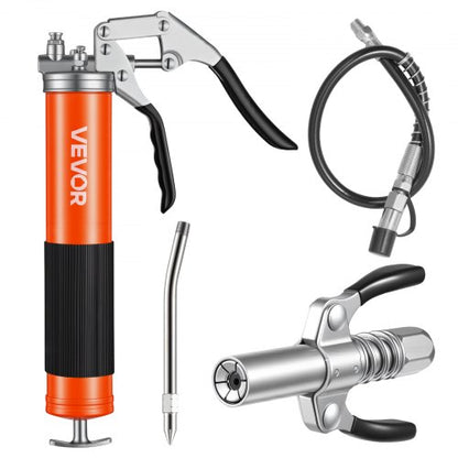 Grease Gun, 8000 PSI, Pistol Grip Grease Gun Kit with 0.4 L Capacity, Includes 46 cm Flex Hose, Double Handle Grease Coupler, Extension Rigid Pipe & Sharp Type Nozzle for Automotive, Marine