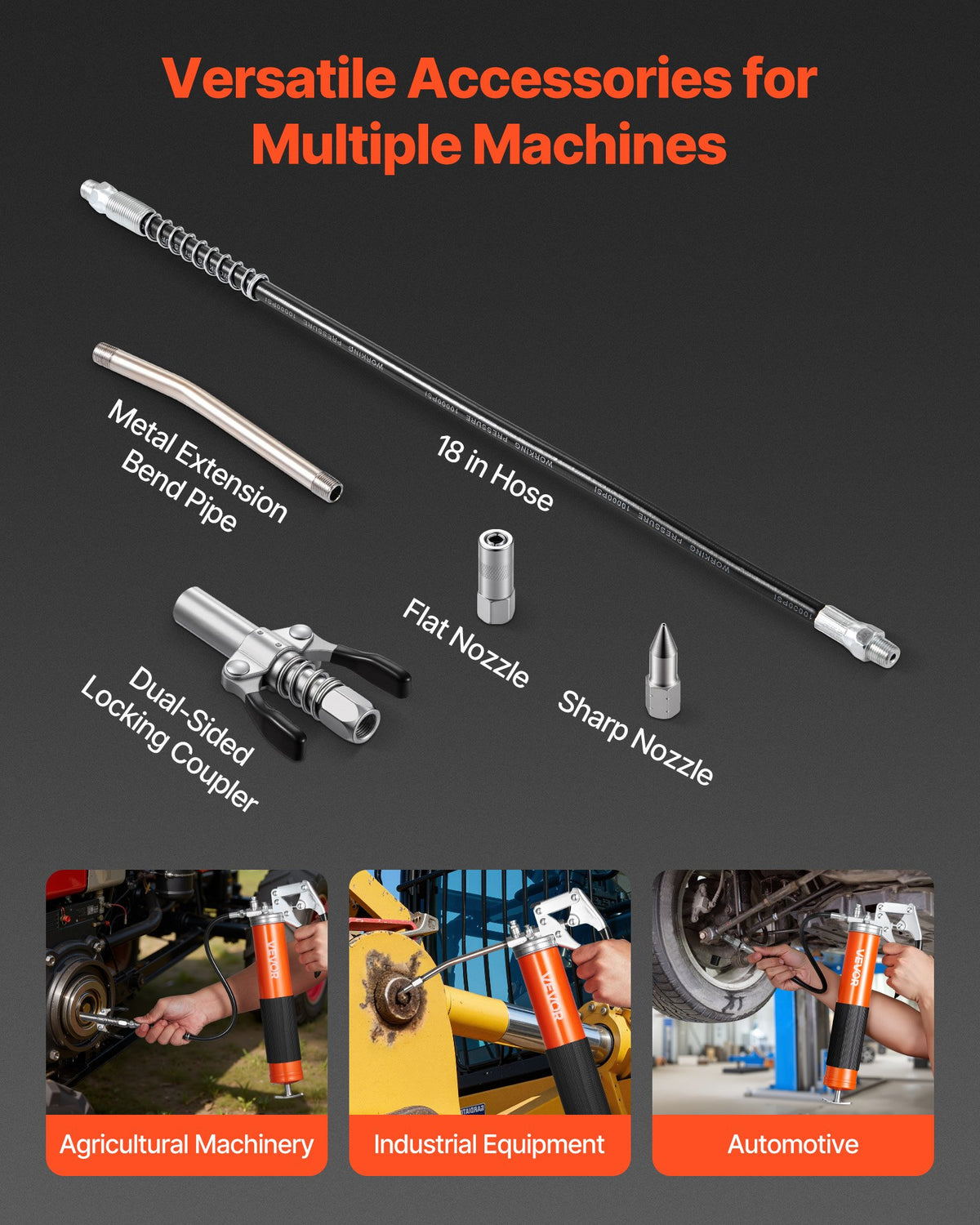 Grease Gun, 8000 PSI, Pistol Grip Grease Gun Kit with 0.4 L Capacity, Includes 46 cm Flex Hose, Double Handle Grease Coupler, Extension Rigid Pipe & Sharp Type Nozzle for Automotive, Marine