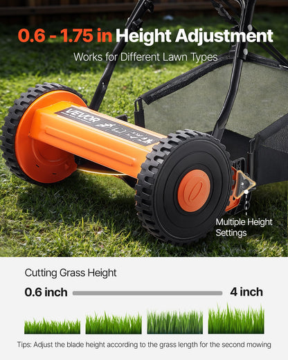 Gräsklippare med hjul 35 cm, 5 knivar, manuell gräsklippare utan motor, 15-45 mm justerbar klipphöjd, gräsklippare med gräsuppsamlare för gröna gräsmattor, uppfarter, gårdar