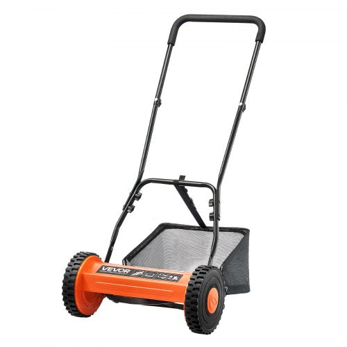 Gräsklippare med hjul 40 cm, 5 knivar, manuell gräsklippare utan motor, 15-45 mm justerbar klipphöjd, gräsklippare med gräsuppsamlare för gröna gräsmattor, uppfarter, gårdar