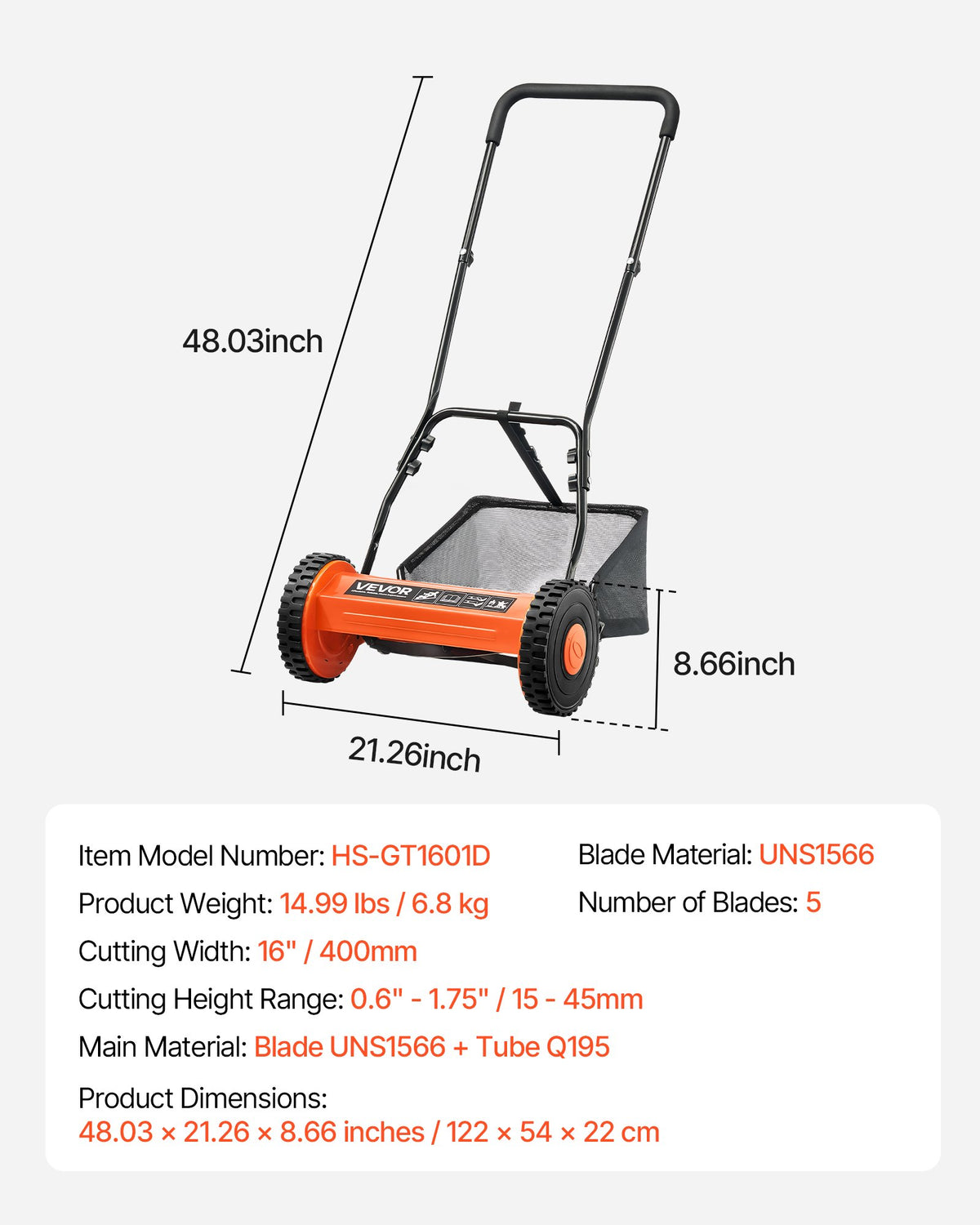 Gräsklippare med hjul 40 cm, 5 knivar, manuell gräsklippare utan motor, 15-45 mm justerbar klipphöjd, gräsklippare med gräsuppsamlare för gröna gräsmattor, uppfarter, gårdar