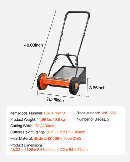 Gräsklippare med hjul 40 cm, 5 knivar, manuell gräsklippare utan motor, 15-45 mm justerbar klipphöjd, gräsklippare med gräsuppsamlare för gröna gräsmattor, uppfarter, gårdar