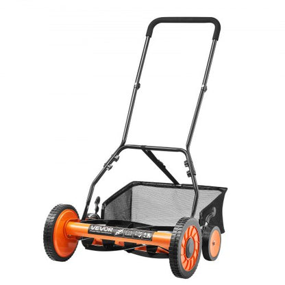 Gräsklippare med hjul 45 cm, 5 knivar, manuell gräsklippare utan motor, 35-62 mm justerbar klipphöjd, gräsklippare med gräsuppsamlare för gröna gräsmattor, uppfarter, gårdar
