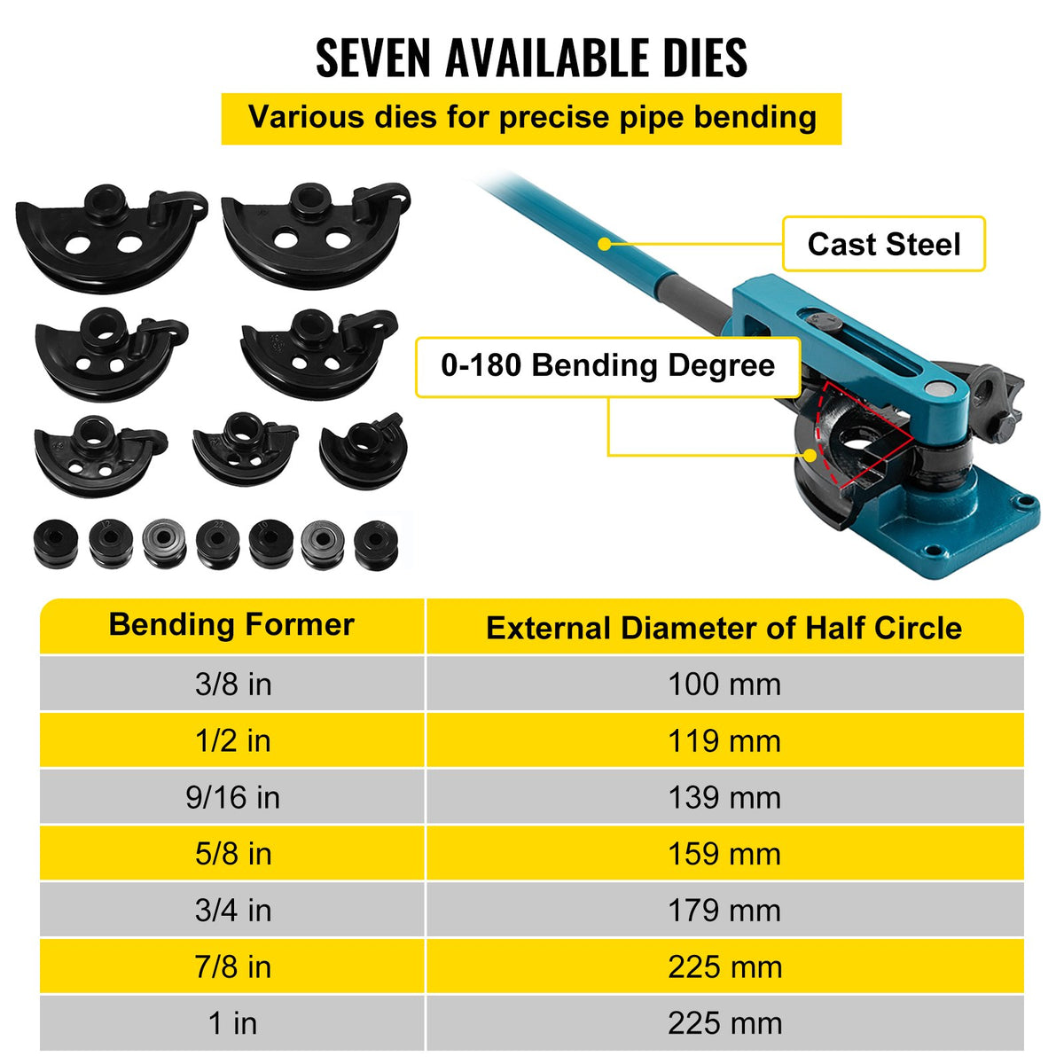 Rörbockare 3/8 till 1 tums rörbockare Rörbockare 10 till 25 mm böjningsformar Rörbockningssats 7 runda formar Storlek för kopparmässing aluminium rostfritt stålrör